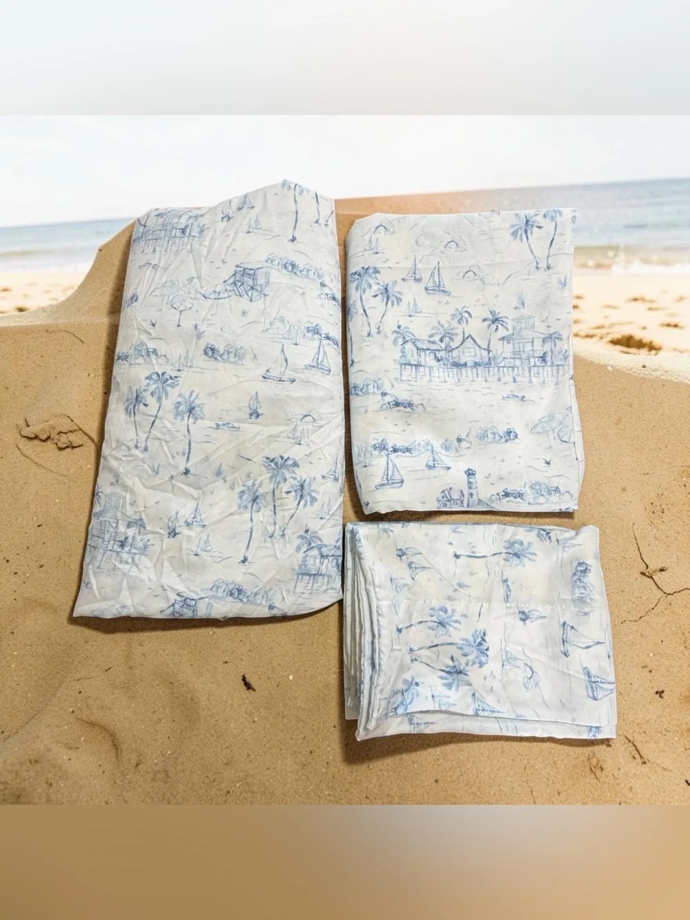 Coastal Twin Sheet Set Blue Beach Toile Palm /trees Sailboats 3 Pc Polyester